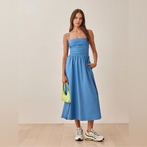 Reformation Blue Ruched Bodice Spaghetti-Strap Midi Dress